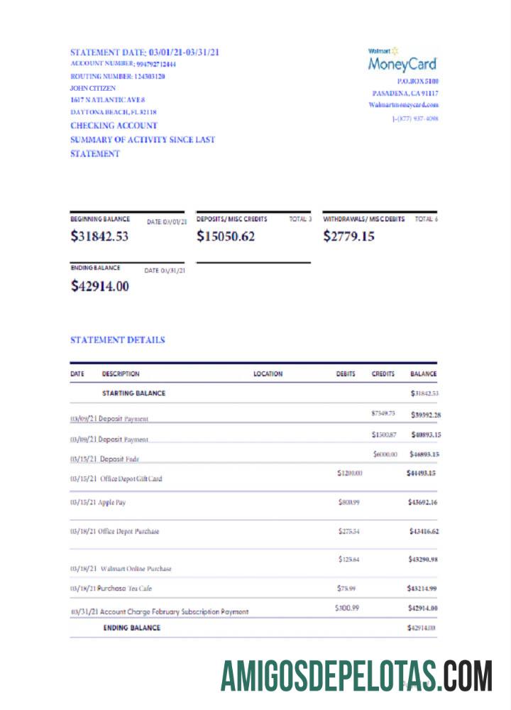 Declaração de cartão de dinheiro Walmart dos EUA para impressão, modelo Word e PDF, versão 2 Scr